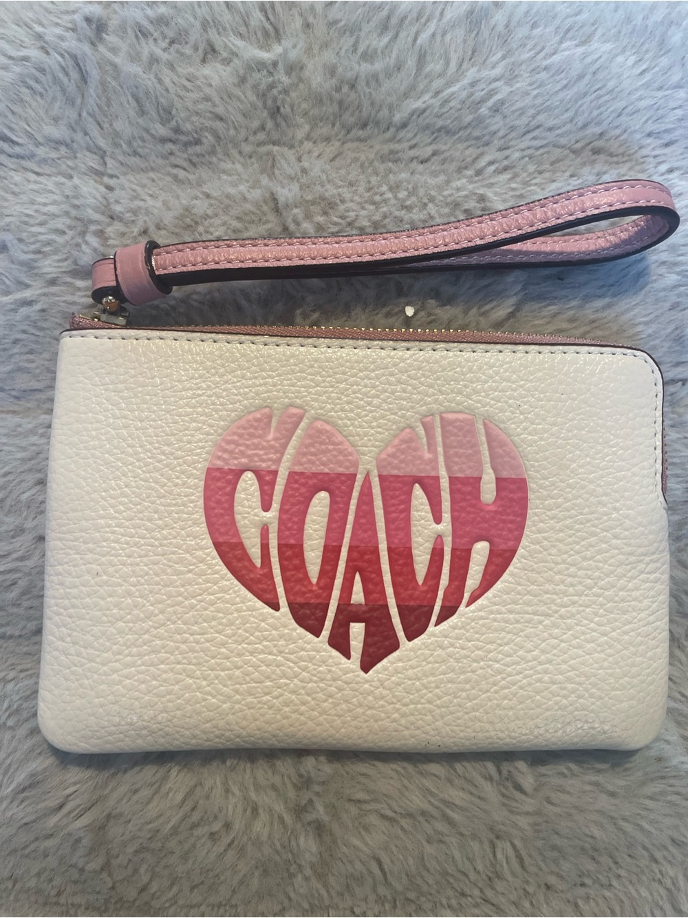 Coach White Leather Wristlet with Pink Heart Logo